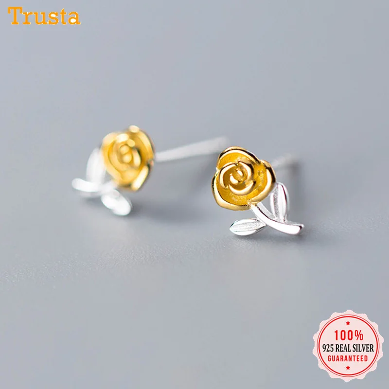 Trusta 100% 925 пробы Серебряные серьги ювелирные изделия небольшой Золотая роза серьга любовь подарок для девочек подростков DS1296
