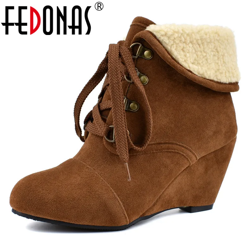 

FEDONAS Flock Women Winter Keep Long Warm Ankle Boots Female Wedges Casual Short Boots Classic High Heeled Platforms Shoes Woman