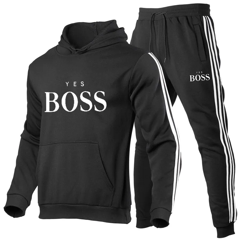 

2020 Men's Brand YES Printed Striped Long Sleeve Chunky Hoodie Pants 2 Sports Sportswear Set Men's Casual Fall Winter Sportswear
