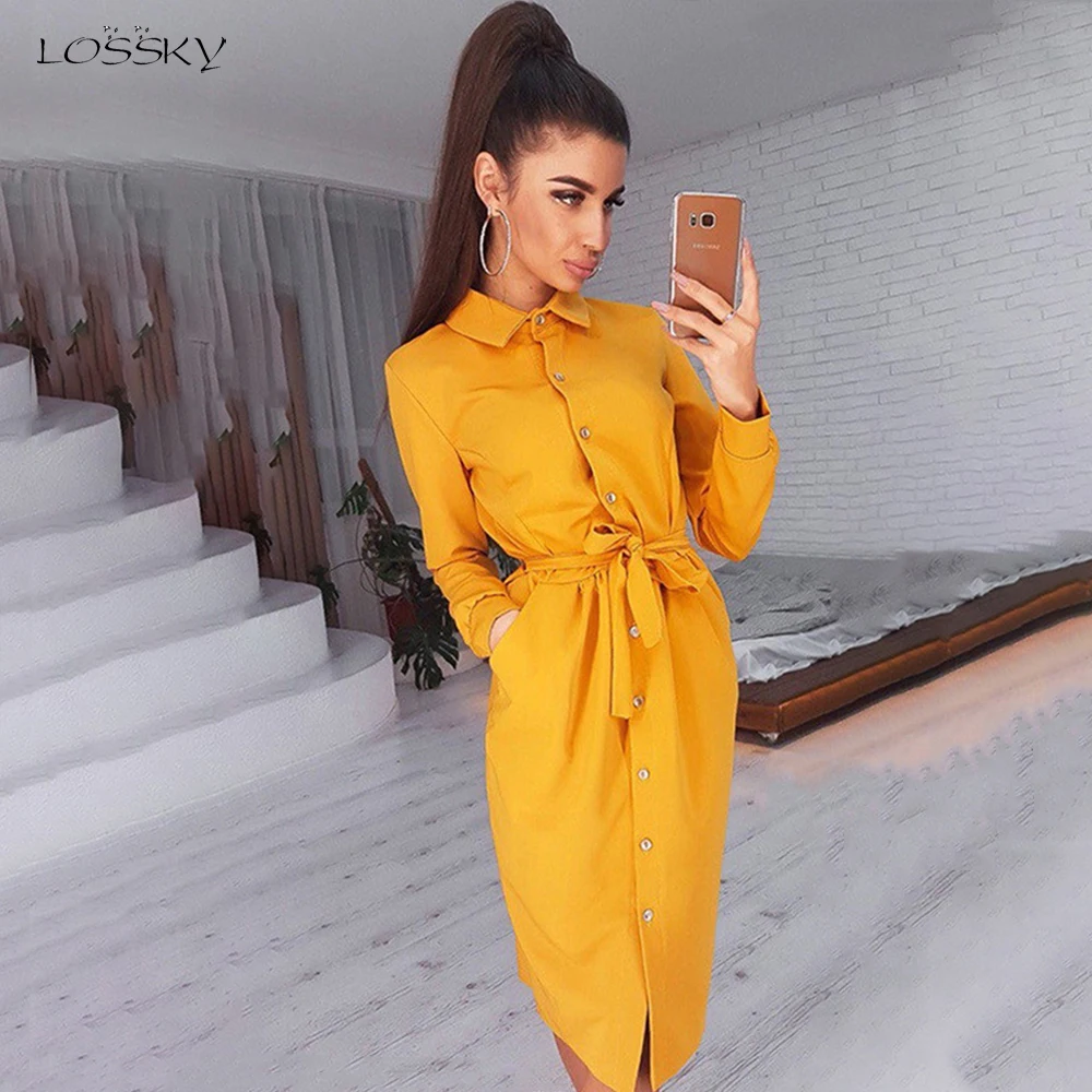 Long Dress Women Autumn Spring Casual Office Ladies Solid Green Sleeve Button Up Shirt Dresses Clothes 2022 Fall Fashion | Женская