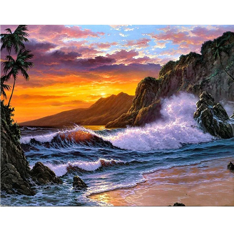 

5D DIY Diamond Painting Landscape Sunset Beach Resin Diamond embroidery mosaic Cross Stitch Scenic Needlework Home Decor AA431