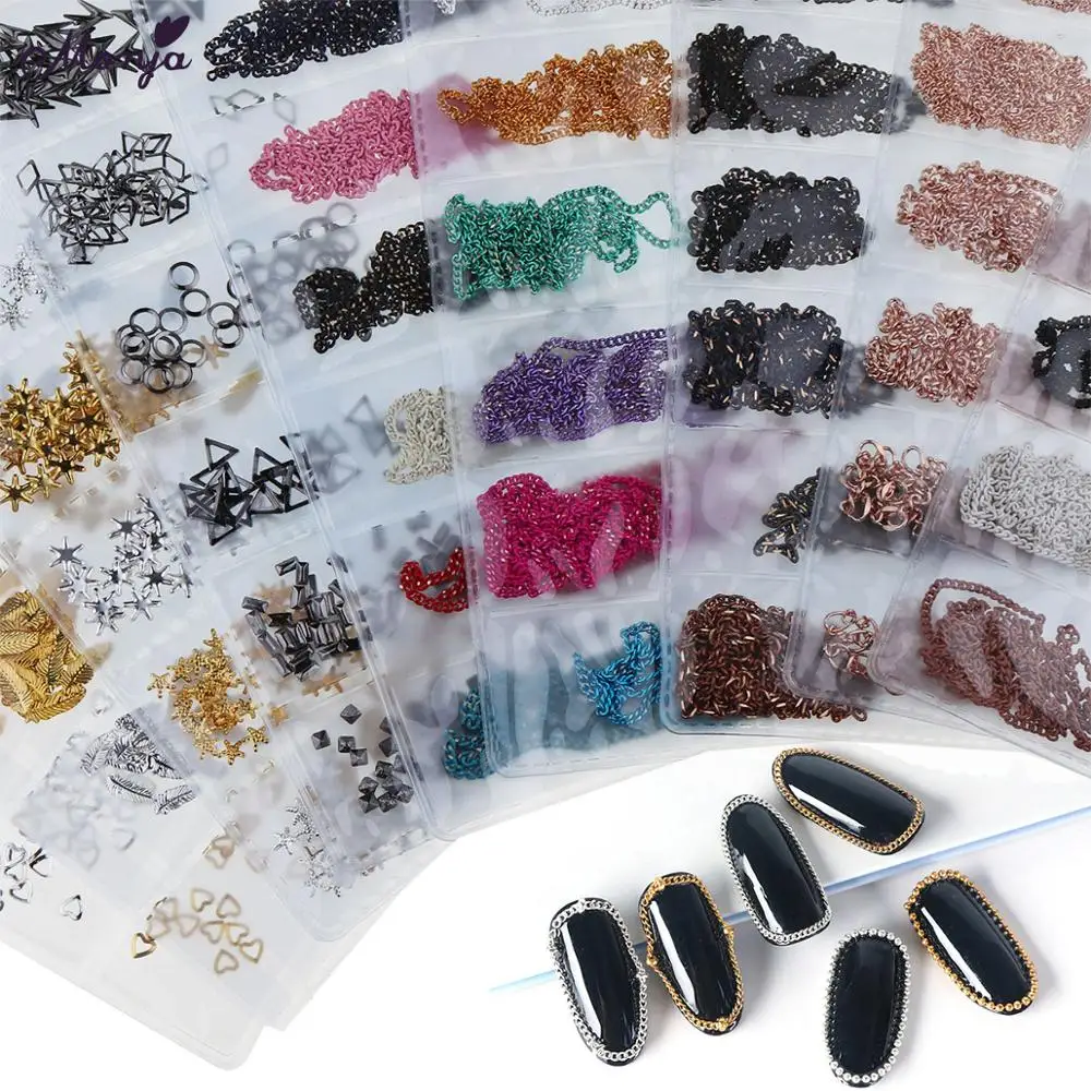 Monja 6 Grids/Pack Metal Frame Rivet Studs Nail Art Decoration 3D Multi-colored Mixed Shape Chains DIY Manicure Accessories |