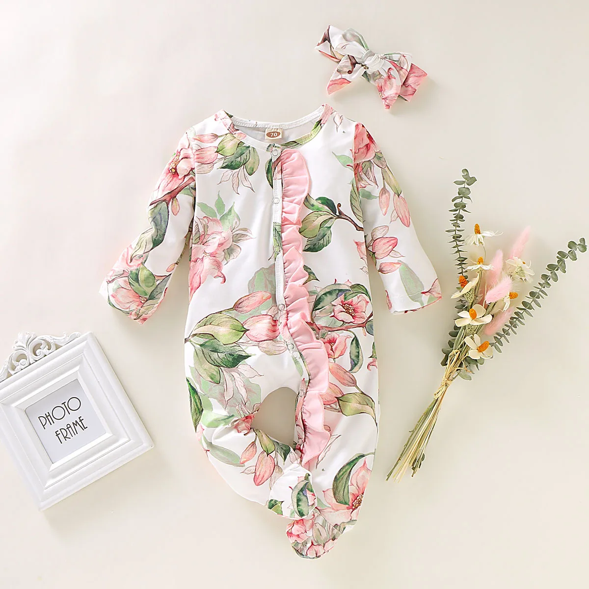 Spring Autumn Newborn Cotton Floral Baby Girls Rompers Toddler Baby Pajamas Headband 2pcs Long Sleeve Jumpsuit Kids Baby Clothes Baby Bodysuits cheap