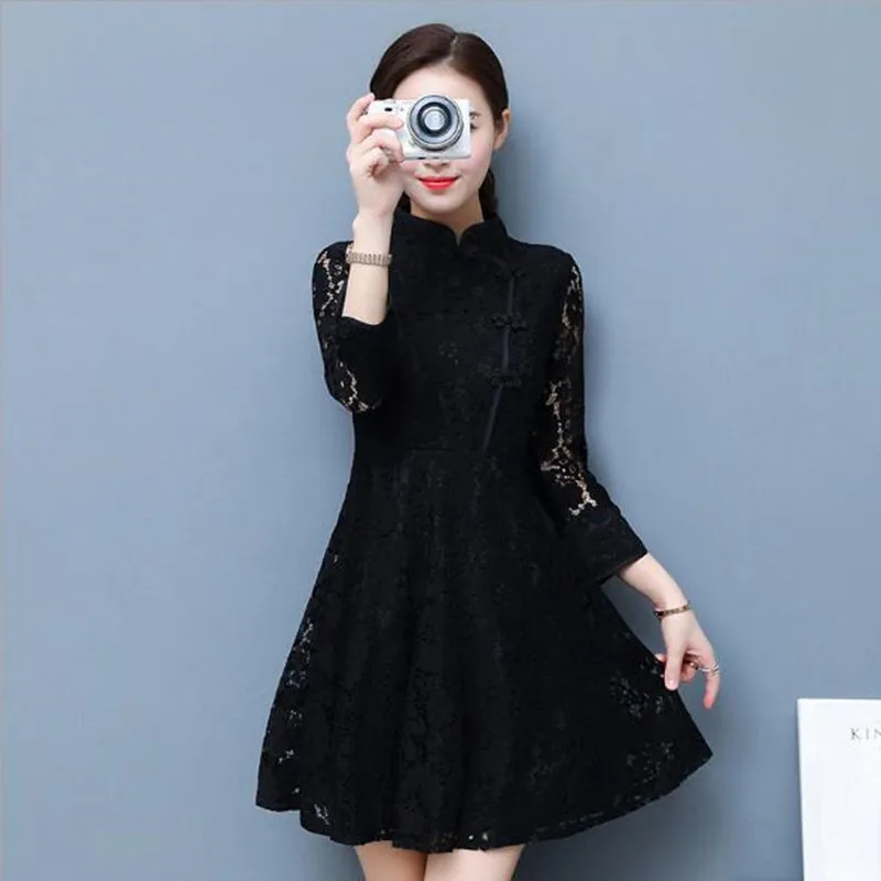 Зимнее черное традиционное китайское платье mujer vestido, женское атласное платье Ципао с цветочной вышивкой QV533