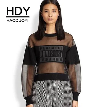 

HDY Haoduoyi Summer New Style Street Punk Style Multi-level Stitching Letter Printing Perspective Organza Pullover Sweatshirt