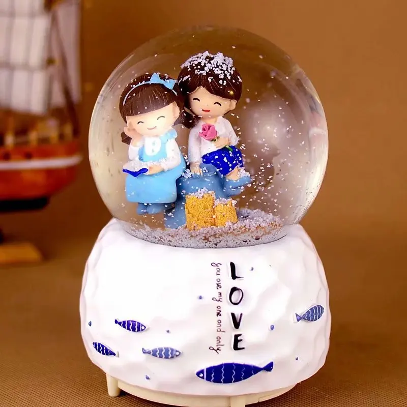 Crystal Ball Music Box Pink Girl Lovers Star Moon Rainbow Unicorn Glowing Snowflakes Music Box Home Decoration Desktop Ornament 2