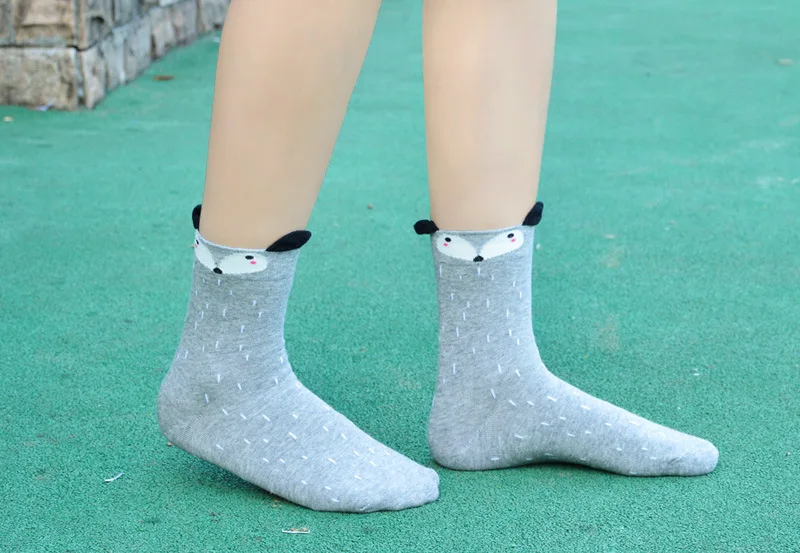 Funny Kawaii Korean Style Fox Pattern Women Cotton Crew Socks Cute Harajuku Gift for Girl Cartoon Animal Casual Purple Designer