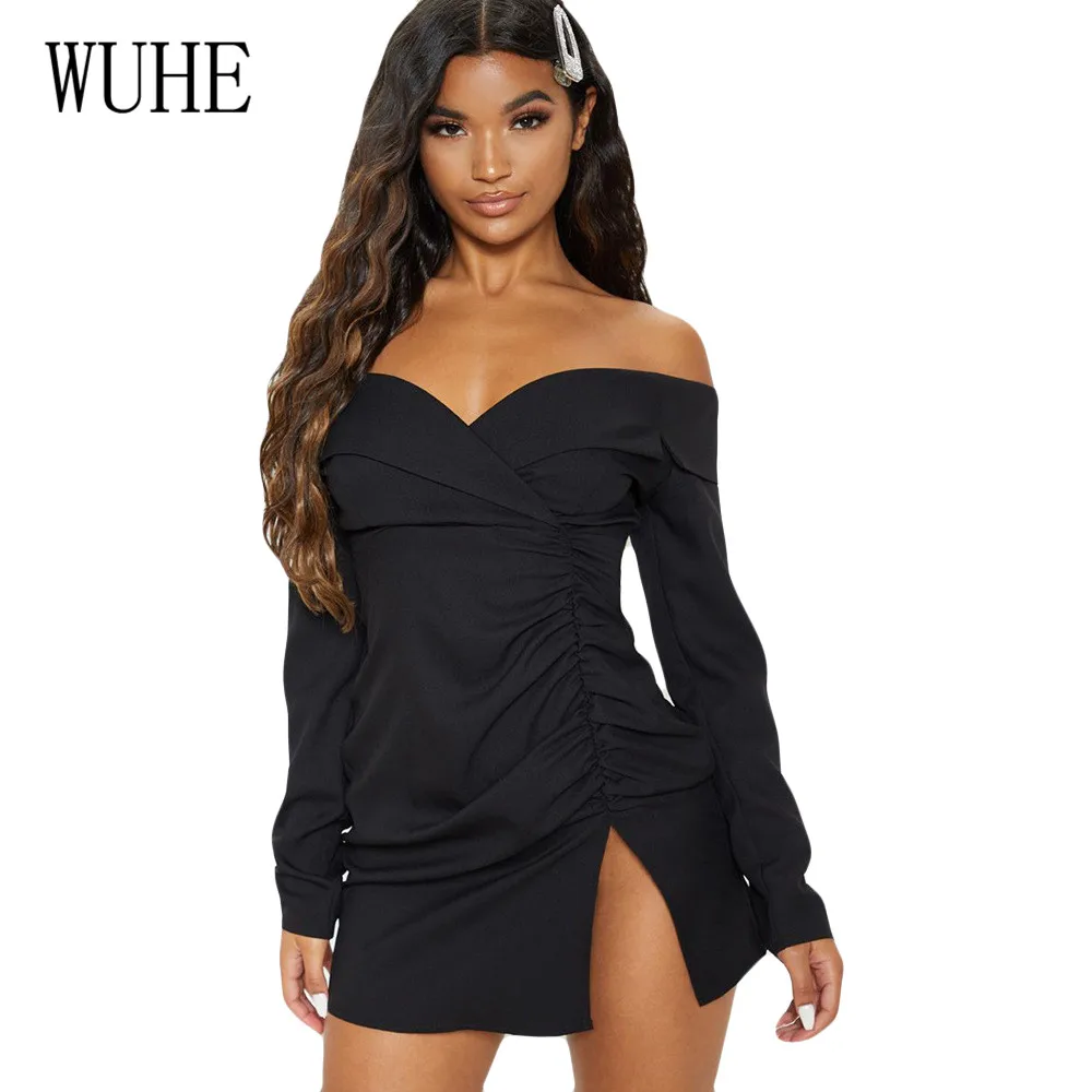 

WUHE Off Shoulder Chest Strap Smocked Irregular Split Dress New Arrival Women Long Sleeve Hollow Out Elegant Night Club Dress