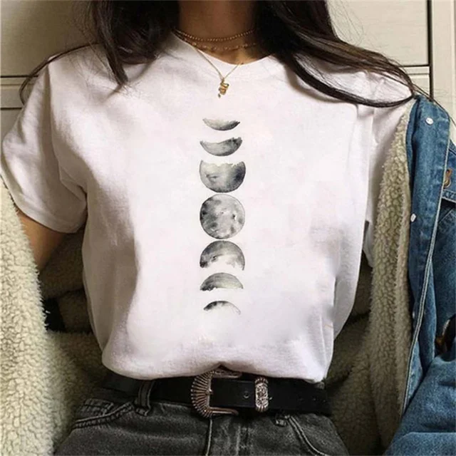 Maycaur New Funny Moon Print T Shirt Women White and Black Shirts Fashion Round Neck Short