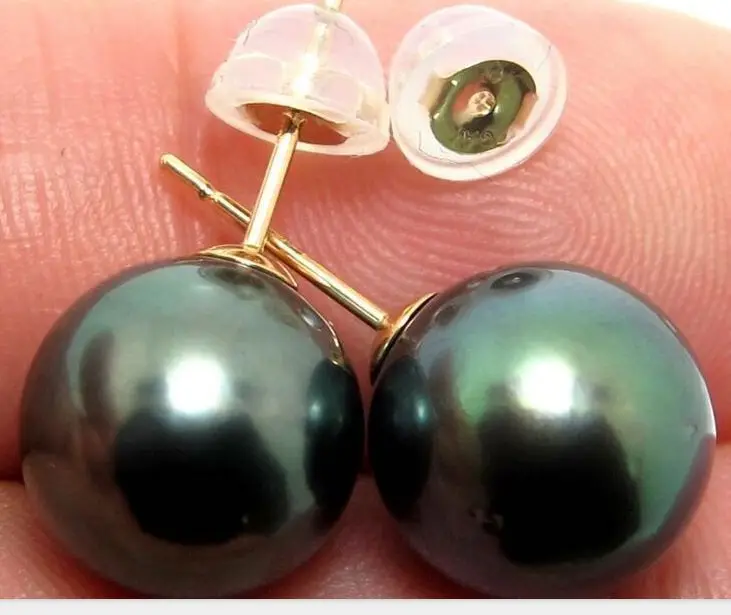 

free shipping CHARMING 10-11MM AAA tahitian black green PEARL EARRING 18k