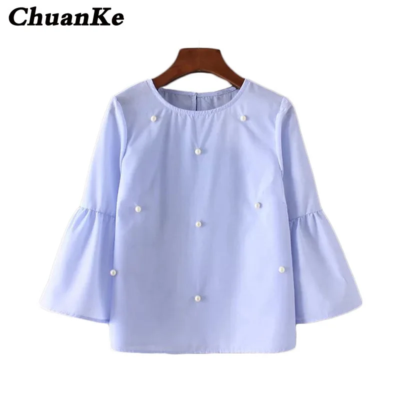 

Pearls O-neck 3/4 Flare Sleeve Tops Tees Blusas AW