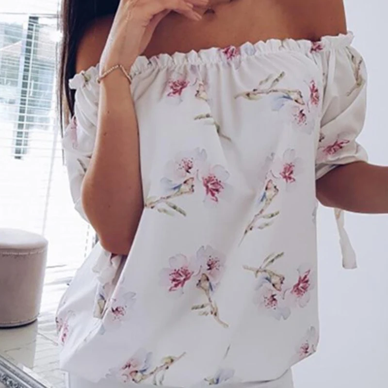 Spring Womens Floral Off Shoulder Tops New Ladies Sexy Large Size Pink White T-shirt Autumn Woman Floral 3/4 Sleeve T Shirts