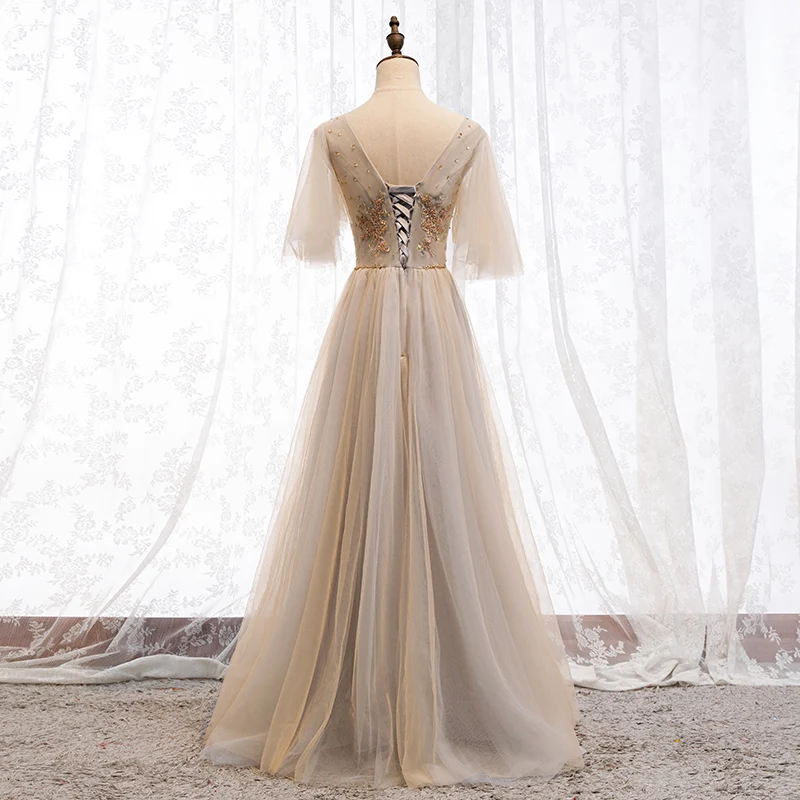 Vestidos De Gala, ТРАПЕЦИЕВИДНОЕ ПЛАТЬЕ цвета шампанского для выпускного вечера, длинное кружевное с аппликацией из бусин платье для выпускного вечера с рукавом средней длины и v-образным вырезом