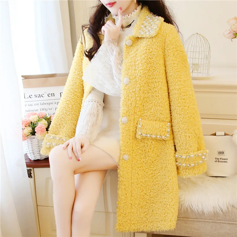 yellow SWEETXUE пальто зимнее женское пальто из овечьей шерсти Меховая куртка норка мех однобортный бисер корейский элегантный длинный шерстяной топ женский - Цвет: yellow