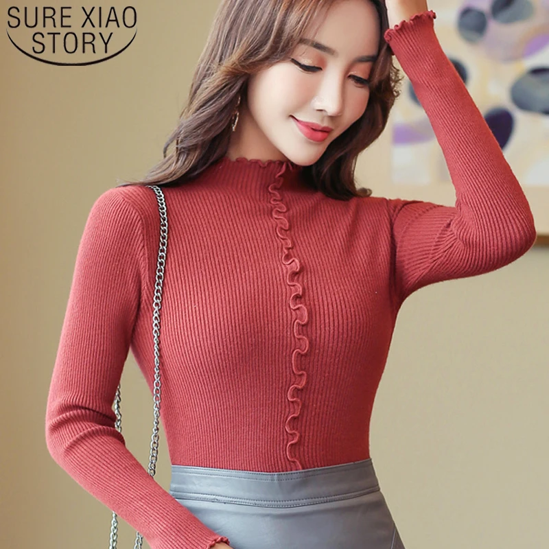 

Autumn and winter women sweaters and pullovers 2019 ladies sweater Computer Knitted Ruched Solid pink long sleeve tops 6361 90