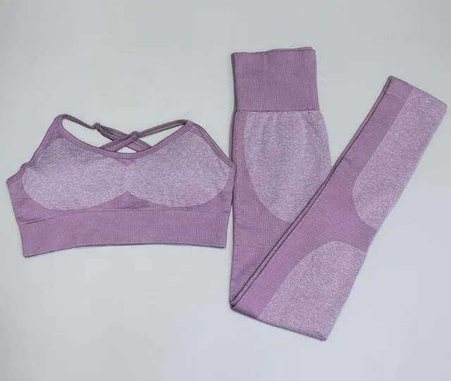 Бесшовный комплект для йоги, женская одежда для фитнеса, спортивная одежда, женские леггинсы для спортзала, мягкий пуш-ап спортивный бюстгальтер на бретелях, 2 шт., спортивные костюмы - Цвет: Фиолетовый