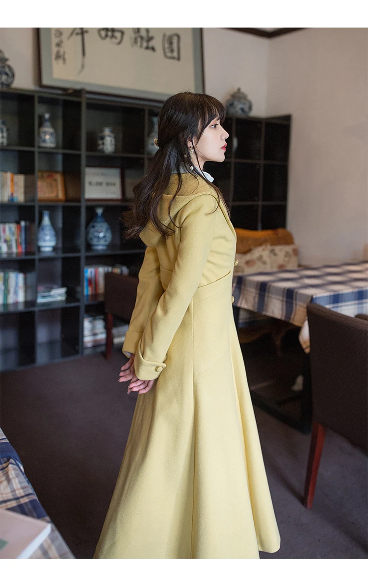 YOSIMI Winter Wool Coat Women Woolen Coat Turn-down Collar with Hooded Full Sleeve Long Coat Jacket Double Breasted Midi
