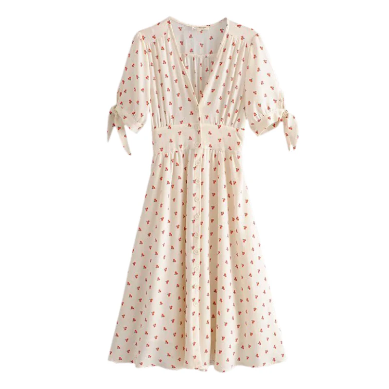 

Women Dress Summer Polyester Cherry Print V-neck Slim Dress Leisure Sexy Temperament Short Sleeve Dress FFZYQ451