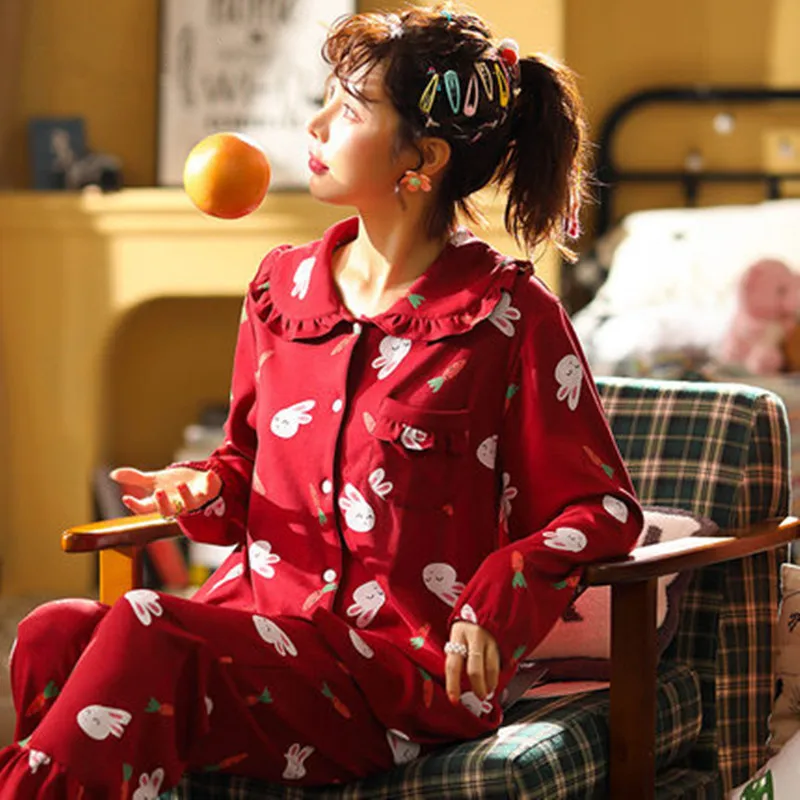 Spring and autumn cotton pajamas women's long sleeves Korean wedding autumn and winter home clothes women's fashion red set tren