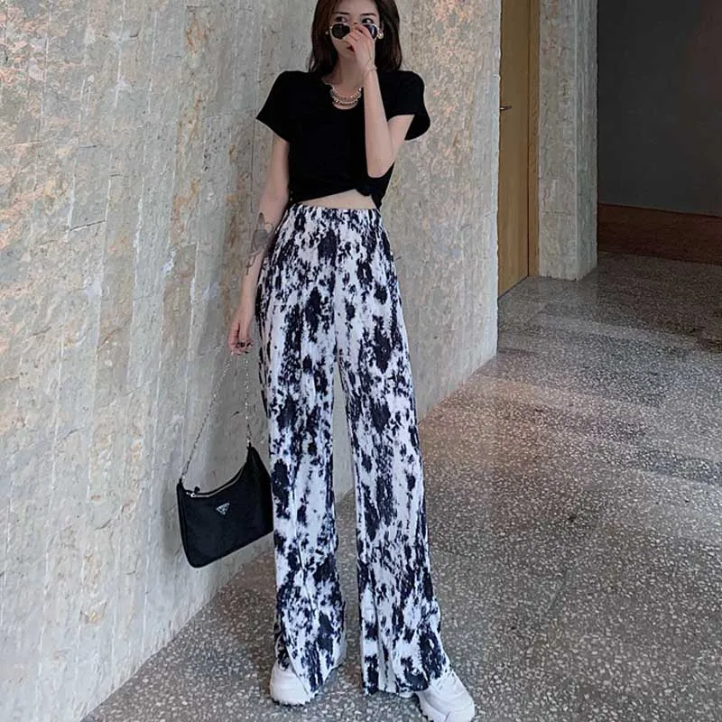 One-Piece Trousers For Female 2020 Summer New Fashion High Waist Tie Dye Wide-Leg Pants Vintage Korean Women Casual Loose Pants