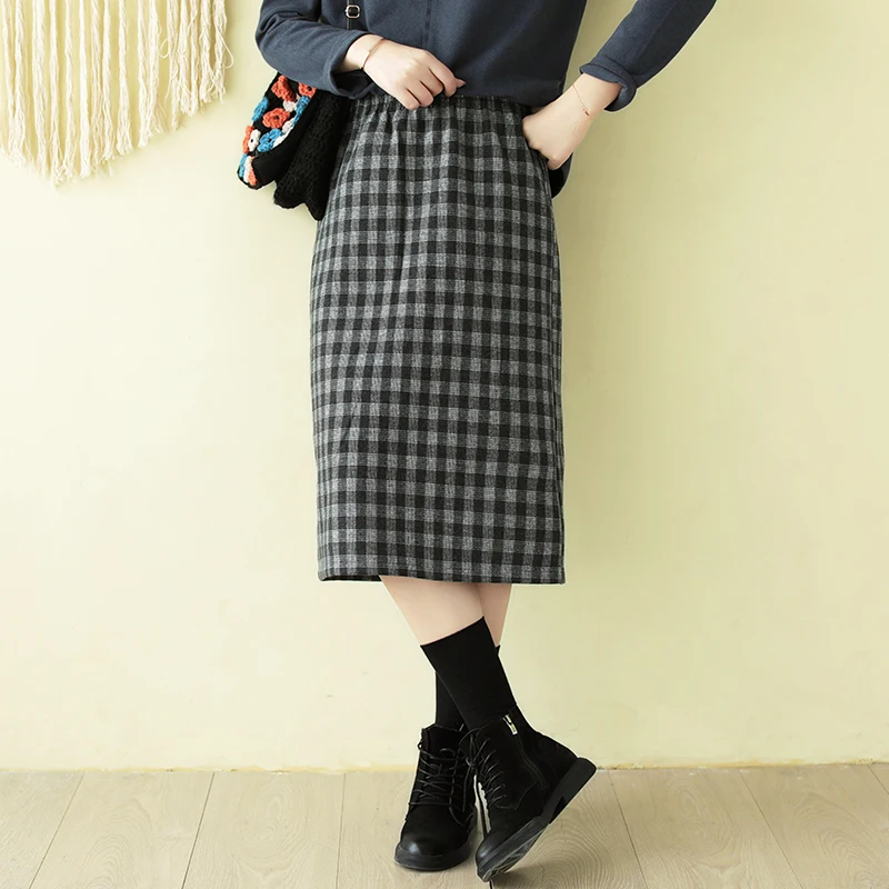 Черный Autumn Winter Skirt Fashion Women Slim-type Skirt New Ladies Elastic Waist Plaid Casual All-match Skirt - Цвет: Черный