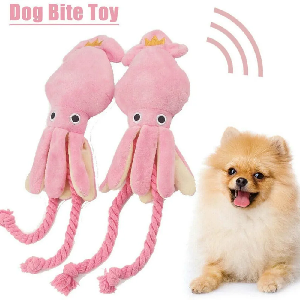 Gato de calamar para perro, juguete de pulpo, mascota de peluche BB, cuerda de perrito, mordedores de juguete con sonido rosa