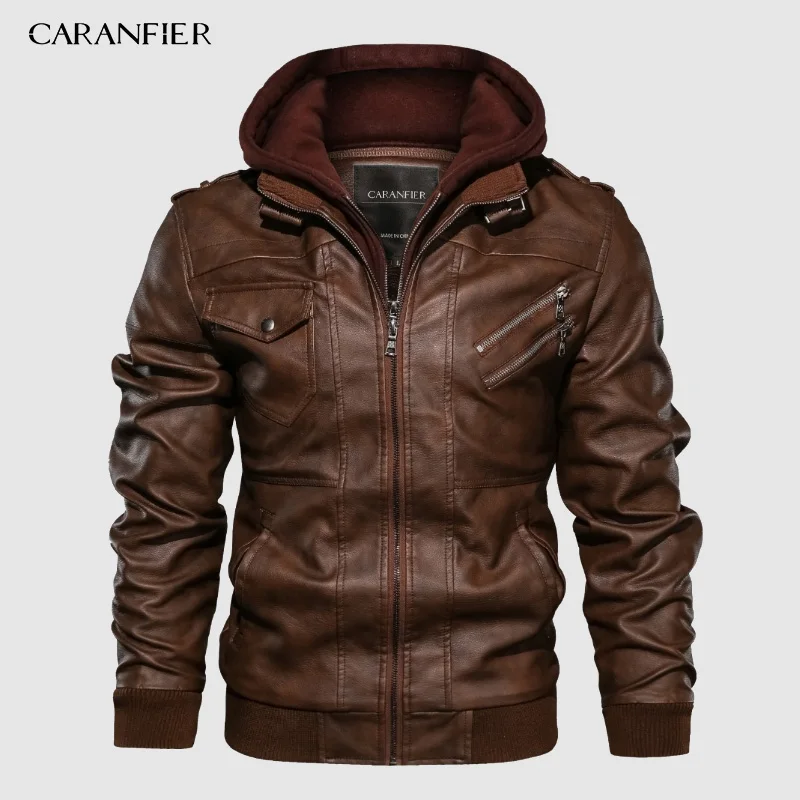 Hooded coffee Бренд CARANFIER, тактическая куртка из искусственной кожи, мужская, европейский размер, S-XXL, стоячий воротник, мотоциклетная кожаная куртка, мужские пальто, Прямая поставка - Цвет: Hooded coffee