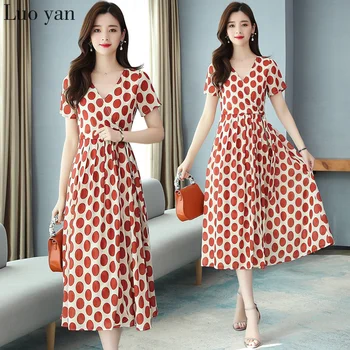 

2020 Elegant Red Dot Chiffon Chic Midi Dress Summer 3XL Plus Size Short Vintage Short Sleeve Dress Women Bodycon Party Vestidos