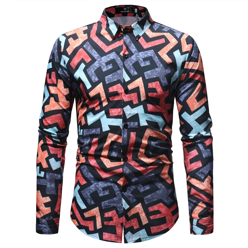 Fashion Casual Men Shirt Mens Slim Fit Long Sleeve Dress 2018 Brand 3D Abstract Geometric Print Shirts Male Chemise Homme |