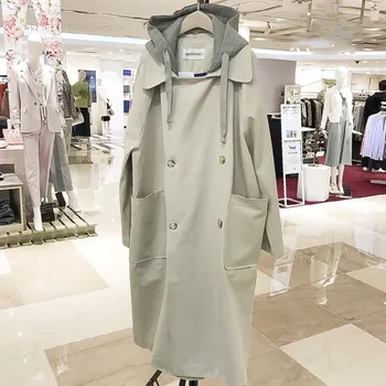[EWQ] 2020 Spring New Long Sleeve Mid Long Hooded Maxi Trench Coat Outwear Long Robe Patchwork Plus Size Windbreaker QX66904 tanie i dobre opinie Full Canvas Casual COTTON Polyester Pockets Ages 18-35 Years Old Single Breasted Bat Sleeved Women s windbreaker coats