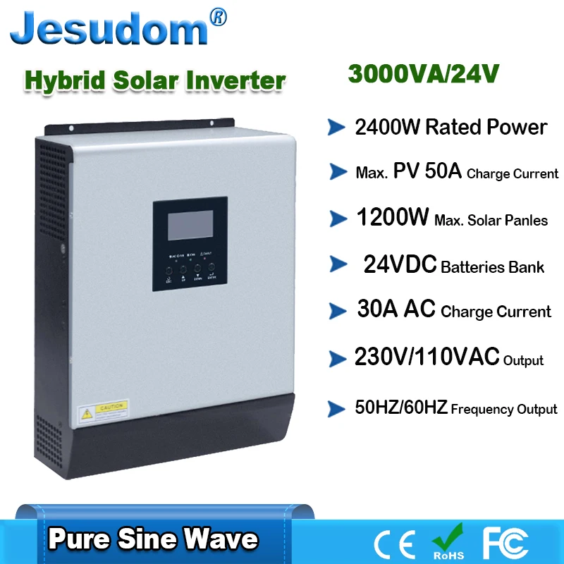 de onda sinusoidal pura de,50A PWM controlador de carga solar Y&H Inversor solar híbrido 2400W 3KVA DC24V 220V con cargador de batería 