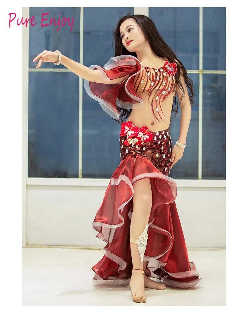 Красный Детский Belly Dance Performance Service Бюстгальтер длинная юбка восточный костюм Одежда для танцев Танцевальный костюм - Цвет: Красный