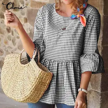 

Celmia Women's Blouse Vintage Plaid Checked Shirts Spring Summer 3/4 Flare Sleeve Tunic Top Casual Loose Pleated Work Blusas 5XL