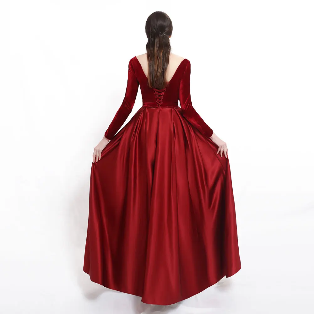 Burgundy Velour Prom Party Evening Dresses Vestido De Noiva Sereia Gown Satin Robe De Soiree Elegant Frock Side Slit Long Sleeve