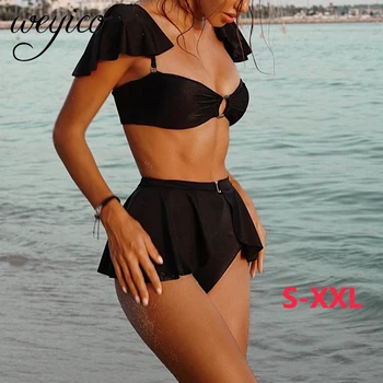 

Black bikini set Sexy Women Swimsuit Mujer High Waist Bathing Suit Female Ruffle Biquini Off Shoulder Swimwear Bikini 2020 XXL