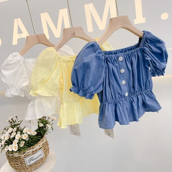 

2020 Summer Kids Girls Shirts Solid Baby Girls Blouses Puff Sleeves High Waist Top In Little Girls Children Clothing 2-7 Years