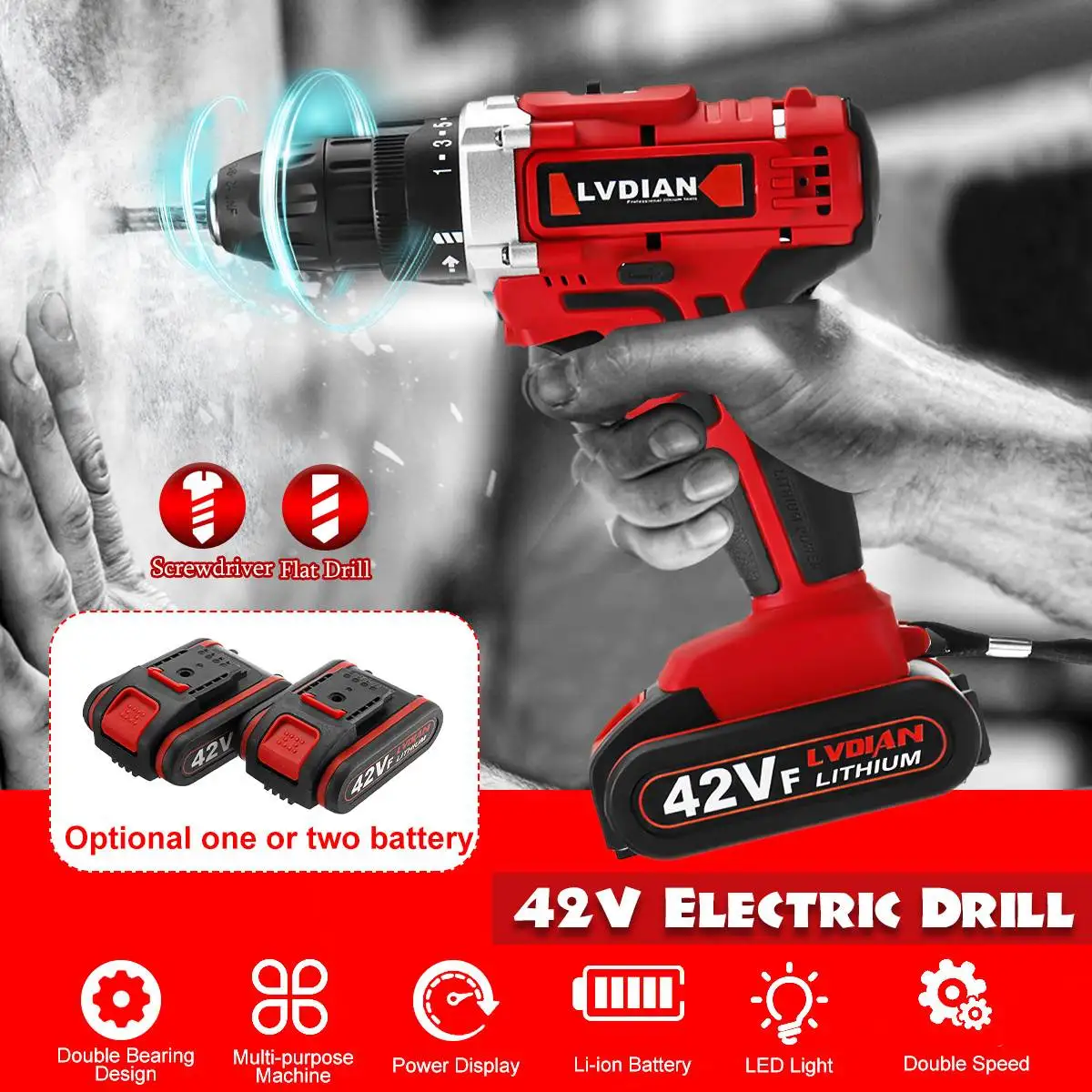 

20V Electric Drill Cordless Screwdriver 25+1 Torque LED Work Light 110-240V Wireless Drill 2-Speed Waterproof DIY Power Tools