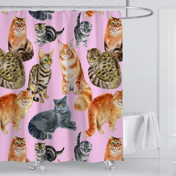 

Pink Bathroom Shower Curtain Various Cat Poses Print Durable Waterproof