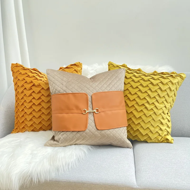 

flannel velvet orange yellow cushion cover metal buckle throw pillow case decorative grey pleat pillow case backrest