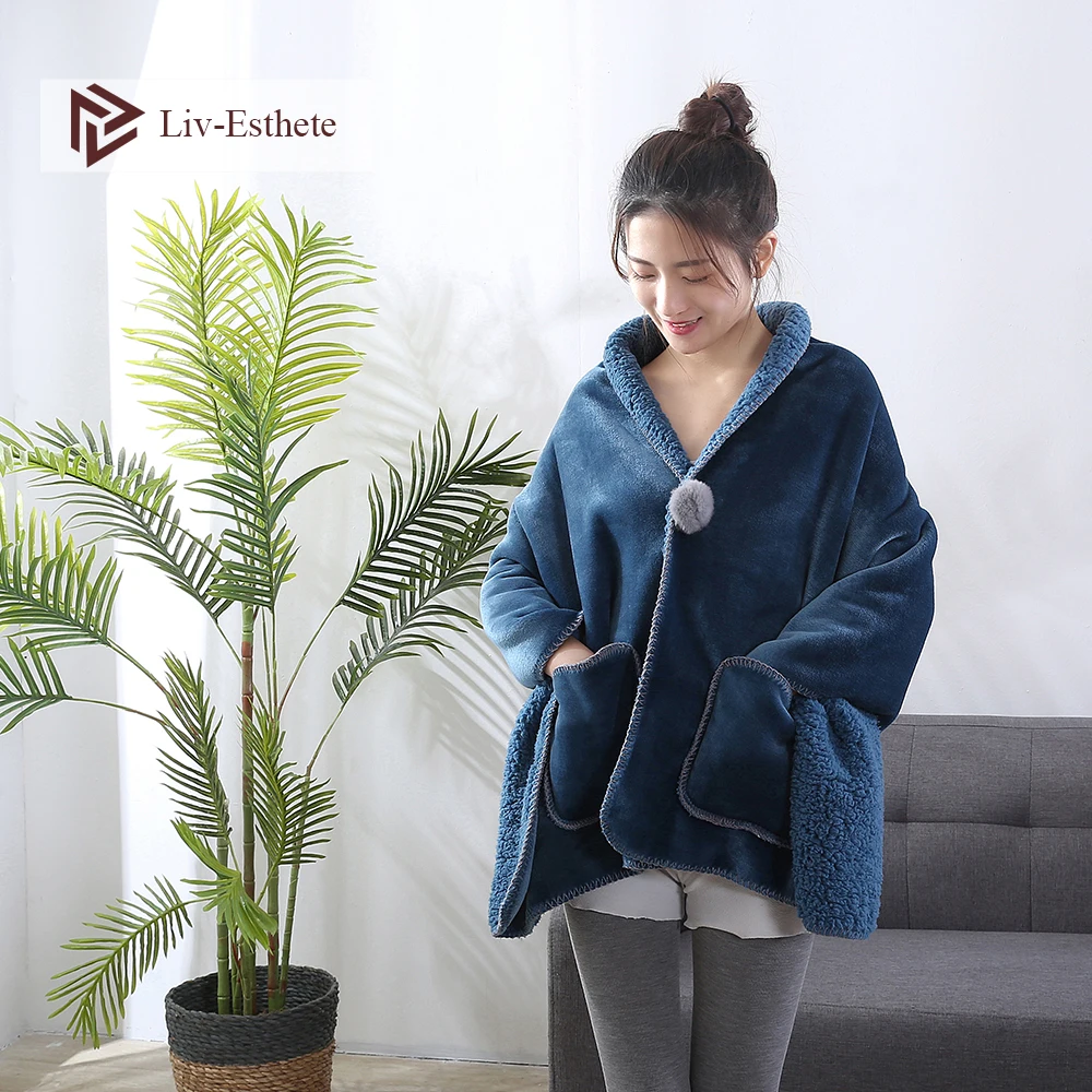 

Liv-Esthete Warm Flannel Sherpa Blue Blanket Sweatshirt Sport Blankets Outdoor Sofa TV Travel Blanket Bathrobe For Adults Kids