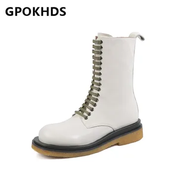 

GPOKHDS 2021 women Mid-Calf boots Cow leather Winter short plush Round Toe Zipper Med heels female Riding boots size 41