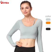 Ueasy Workout Shirts for Women Long Sleeve Crop Tops Built in Bra Sexy Strappy Back Activewear Compression Yoga Tank Tops