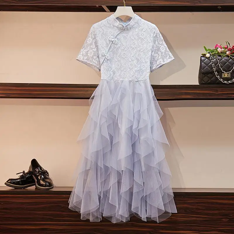 Sky Blue Plus Size Elegant Lace Cheongsam Crochet Party Dress Women Summer Bodycon Fit Flare Layer Ruffle Irregular Mesh Midi Dresses 5XL - Цвет: Sky Blue