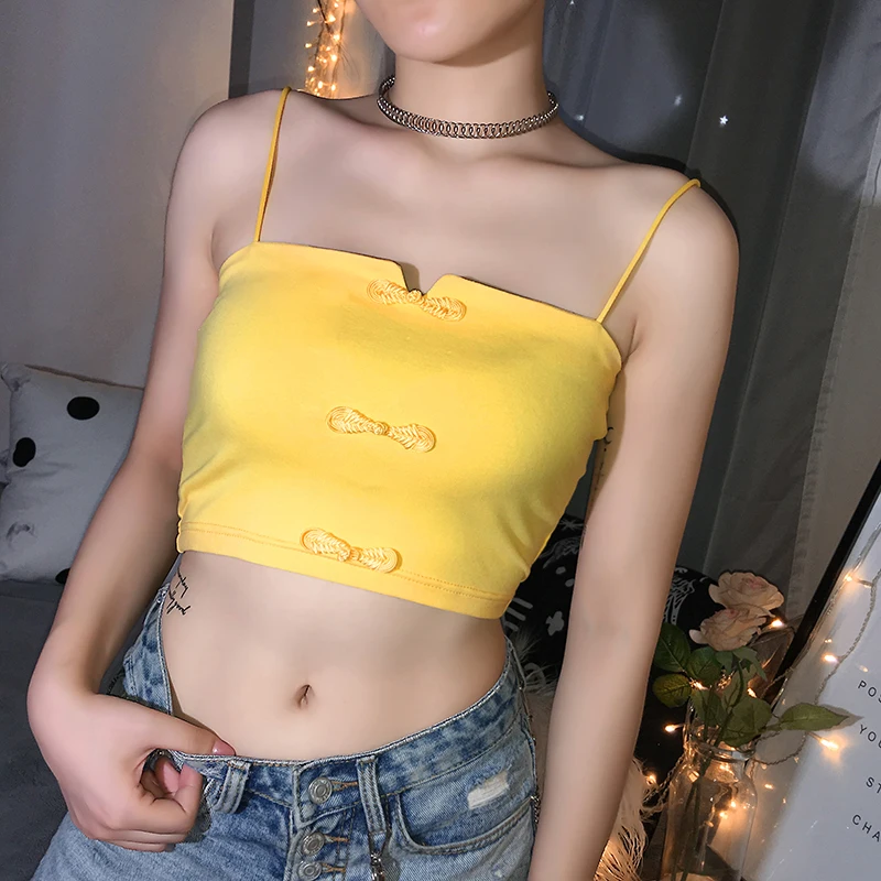 Rapcopter Sleevelesss женский однотонный Повседневный укороченный кроп-топ с открытой спиной Harajuku Летняя мода Camis Дамский китайский стиль хлопок облегающий Топ