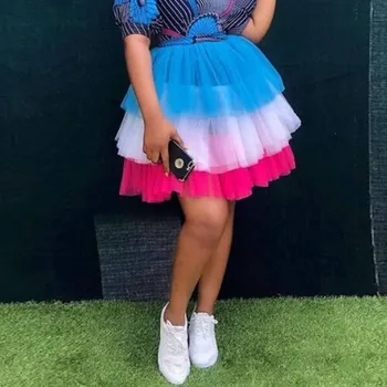 

Multicolor Tulle Short Skirts Tiered Ruffles Aso Ebi Plus Size Custom Made Puffy For African Girls Knee Length Skirts