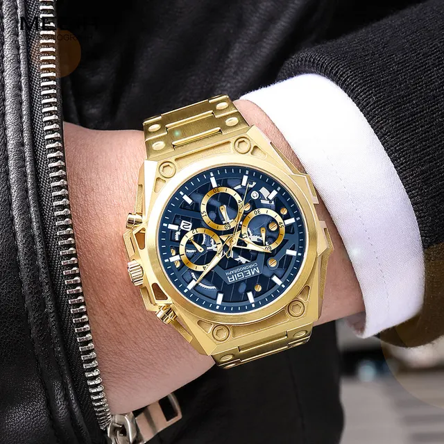 MEGIR Gold Watch for Men Stainless Steel Chronograph Wrist Watch Man Luxury Luminous Quartz Watches relogio masculino часы reloj 4