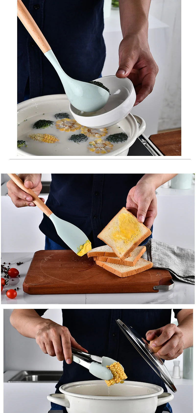 CTHome силиконовая кухонная утварь деревянная ручка антипригарная лопатка ложка Тернер суп половник венчик кухонные инструменты для приготовления пищи гаджет