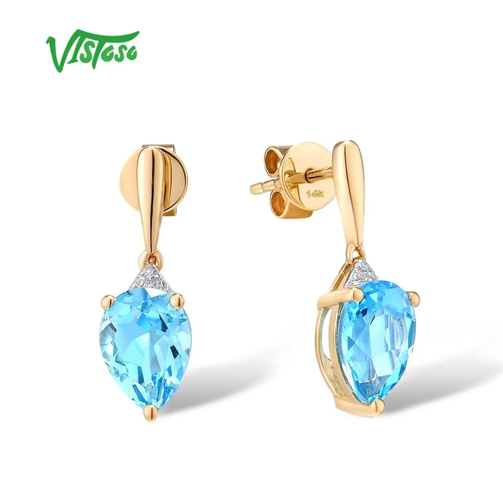 VISTOSO золотые серьги для женщин 14K 585 Желтое золото Гламурные блестящие голубые