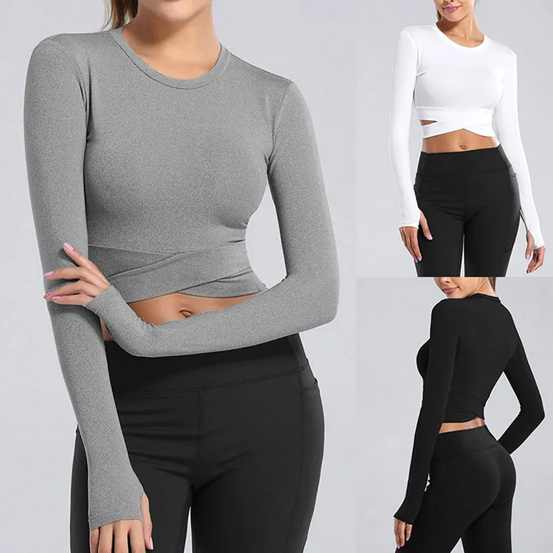 

Women Long Sleeve Running Shirts Sexy Exposed Navel Yoga T-shirts Solid Sports Shirts Quick Dry Fitness Gym Crop Tops