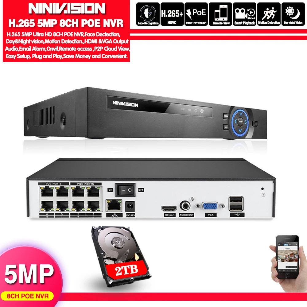 NINIVISION H.265 Max 5MP 4CH 8CH 48V POE NVR до 16CH аудио выход видеонаблюдения безопасности видео